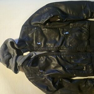 Kids Black Leather Jacket with Gray Hood